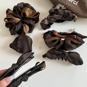 Maillard brown polka dot hair scrunchies and hair claw clips set, elegant hair accessories.
