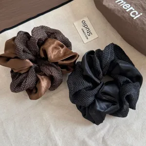 Maillard brown and black polka dot satin hair scrunchies set elegant hair tie accessories