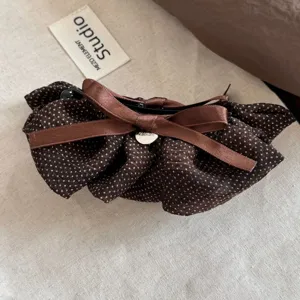Brown polka dot hair bow clip, elegant satin ribbon hair accessory for women commuting
