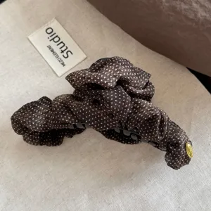 Brown polka dot chiffon hair claw clip elegant vintage hair accessory for women daily styling.