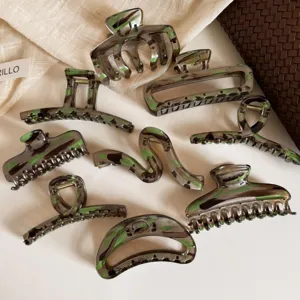 Retro oil painting marble hair claw clips set unique green geometric hair accessories for women