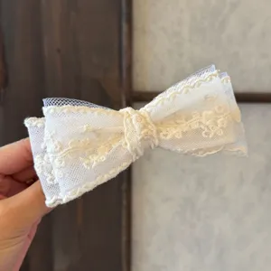 Gros plan détaillé de l'élégante pince à cheveux nœud en dentelle filet beige texture fine