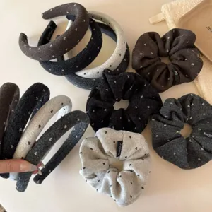 Chouchous en Laine de Style Coréen Motif Points Coeur Élégant Serre-tête Plissé Élastiques pour Queue de Cheval Haute Automne Hiver Accessoires Cheveux pour Femmes Filles Quotidien