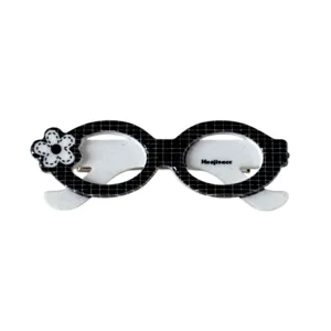 Jolie pince à cheveux forme lunettes à carreaux noir et blanc avec fleur dessin animé accessoire