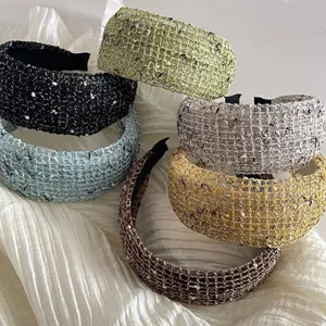 Detailed view of wide tweed mesh hair hoop, stylish textured headband for women daily wear.