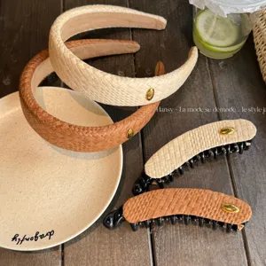 Pince à Cheveux Banane Élégante en Tissu de Paille Boucle Dorée de Haute Classe Grande Taille Griffe de Cheval Bandeau Accessoires de Cheveux pour Femmes