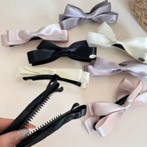 Mollette per capelli a banana con fiocco in nastro di satin, eleganti forcine per coda di cavallo.