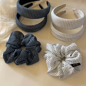 Women's Polka Dot Satin Hair Scrunchies And Headbands Korean Style Navy Blue White Dotted Hair Ties Hair Accessories
