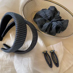 Korean navy blue polka dot hair accessories set, large scrunchie and stylish headband.