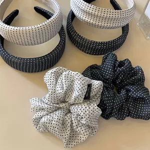 Korean style polka dot hair bands and scrunchies set, black and white chic fabric hair accessories.