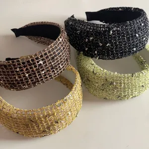 Chic woven mesh wide hair hoop set, Korean style stylish tweed headband for women daily wear.