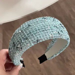 Elegant wide blue tweed headband with hollow mesh design, chic fashion hair hoop for women.