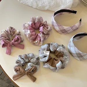 Κομψό σετ κορεάτικα καρό scrunchies και στέκες μαλλιών, vintage ελαστικά λάστιχα για γυναίκες.
