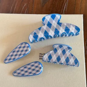 Ensemble de pinces à cheveux en acétate coréen carreaux bleu blanc motif géométrique femme