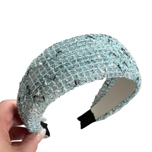 Light blue wide mesh tweed headband for women, elegant woven fabric hair hoop fashion hair accessory.
