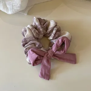 Korean style καρό λαστιχάκι μαλλιών με ροζ φιόγκος ελαστικό αξεσουάρ μαλλιών χαριτωμένο