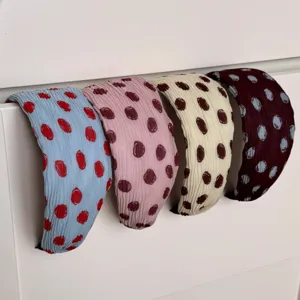 Korean style retro polka dot wide hair hoop, pleated fabric fashion headband for women.
