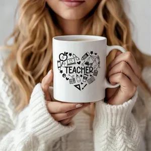 Tasse a cafe en ceramique blanche avec motif de coeur enseignant, cadeau ideal pour les profs.