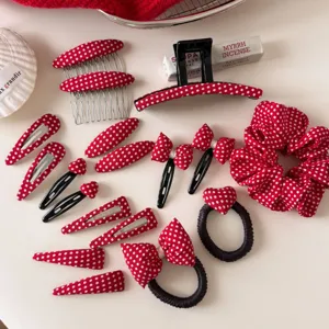 Red polka dot hair clips set cute bow hairpins and hair scrunchies detail view