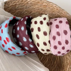 Korean Vintage Polka Dot Wide Headband For Women Pleated Fabric High Top Head Band Retro Fashion Casual Hair Accessories Gift