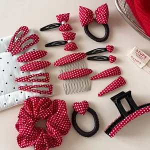 Red polka dot hair clips scrunchies set cute bows hair accessories for women and girls daily styling.