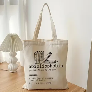 Minimalist aesthetic canvas tote bag with cute book print, casual daily shoulder bag.