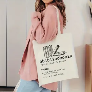 Canvas tote bag with book definition print, casual shoulder bag for daily use and shopping.