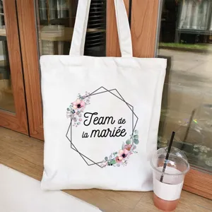 White canvas tote bag with floral geometric print, large capacity casual shoulder handbag.