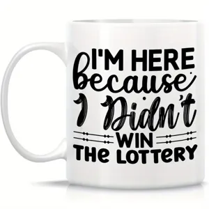 Close-up detail of a funny white ceramic coffee mug featuring witty quote typography design.