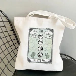 Tarot print canvas tote bag, casual shoulder handbag for daily shopping and travel use.