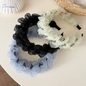 Bandeau Plissé En Seersucker De Style Coréen Avec Perles De Cristal Longues Dents Serre-tête Antidérapant Accessoires De Coiffure Mode Pour Femmes