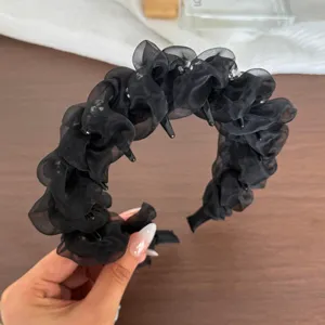 Serre-tete en organza noir perle de cristal avec longues dents accessoire de cheveux