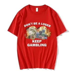 Red short sleeve t-shirt with funny gambling slogan graphic casual hip hop streetwear top