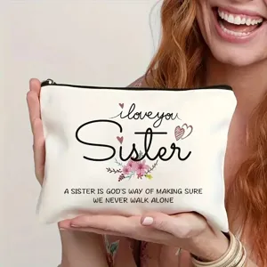 Nahaufnahme der Canvas Kosmetiktasche mit Schwestern Spruch und Blumen Print.