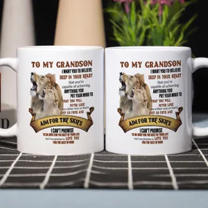 Custom ceramic coffee mug for grandson with inspiring lion graphic gift design for daily use.