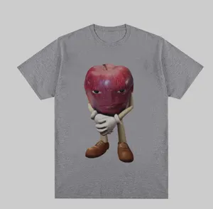 Casual grey short sleeve t-shirt featuring a funny 3D apple character graphic for daily wear.