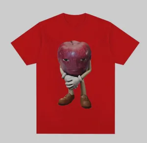 High quality funny apple printed short sleeve t-shirt, trendy red crew neck tee.