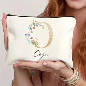 Bolsa de maquillaje personalizada con letra floral y cremallera para mujeres y niñas.