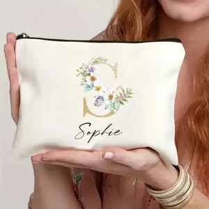 Bolsa de maquillaje de lona personalizada con letra floral S y nombre Sophie, estuche cosmético.