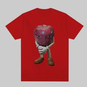 Unisex red short sleeve t-shirt featuring a funny 3d printed apple character graphic.