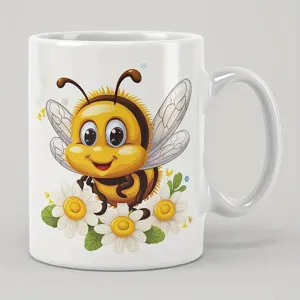 Nahaufnahme Detailansicht einer weißen Keramiktasse mit süßer Biene und Gänseblümchenmotiv.