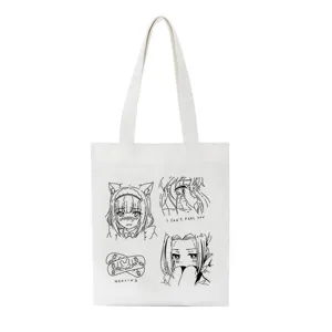 Detailansicht der weißen Y2K-Leinwand-Tragetasche mit niedlichen Anime-Linienkunst-Prints.