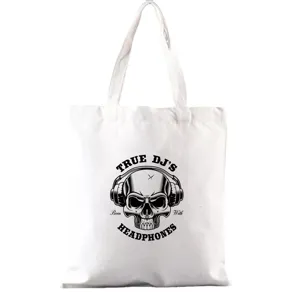 Stilvolle Segeltuch Tragetasche mit Totenkopf DJ Motiv, praktische Schultertasche.