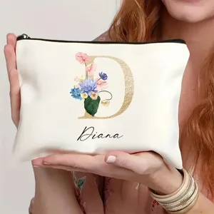 Bolsa de maquillaje de lona personalizada con letra floral D, estuche cosmético con cremallera.