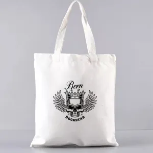 Weiße Canvas-Einkaufstasche mit Totenkopf-Print, lässige Schultertasche für den täglichen Gebrauch.