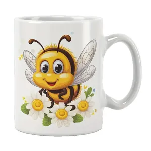 Weißer Keramik Kaffeetasse mit süßem Cartoon Biene und Gänseblümchen Druck, tolles Geschenk.
