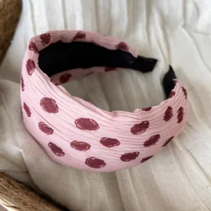 Korean vintage pink polka dot wide headband, elegant pleated hair hoop for women fashion accessories.