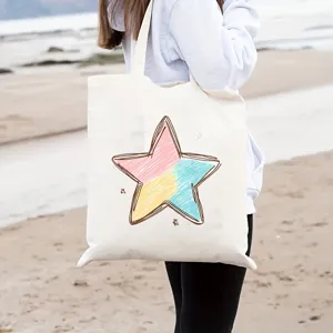 Vista dettagliata della borsa shopper in tela con stampa di stelle, grande capacità per viaggi d'affari.