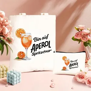 Detaillierte Ansicht des weißen Canvas-Taschensets mit stilvollem Cocktail-Druck.