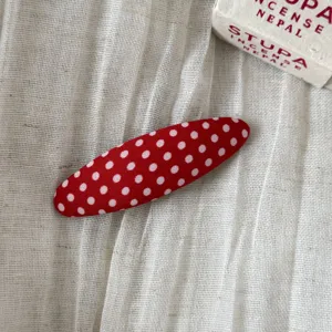 Red polka dot hair clip detail, fabric wrapped snap hair barrette for women and girls.